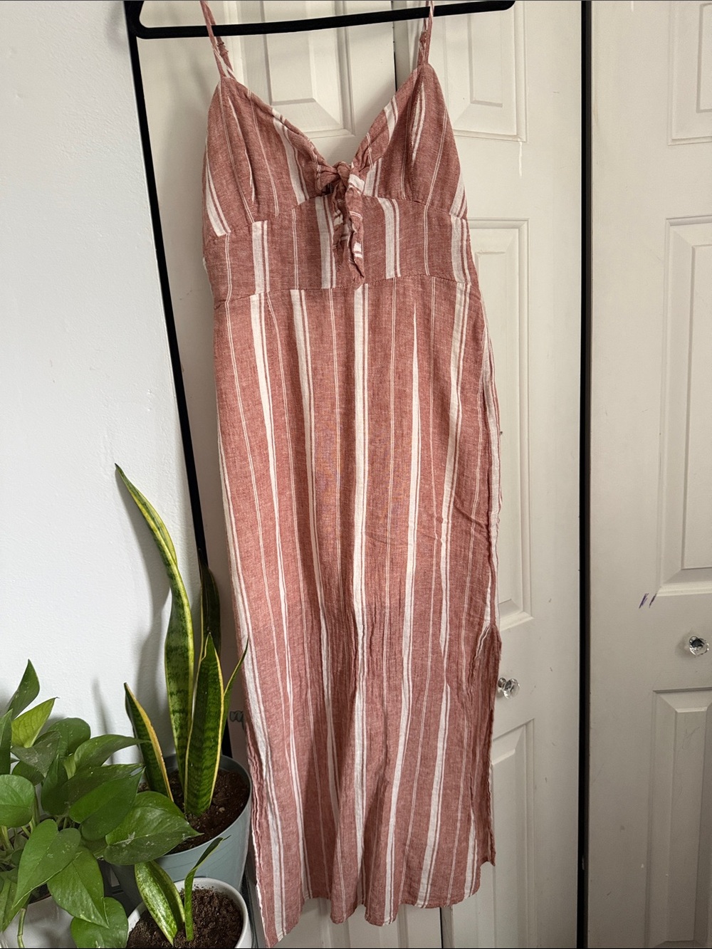 Striped Tie-Front Linen Maxi Jumpsuit in Dusty Rose